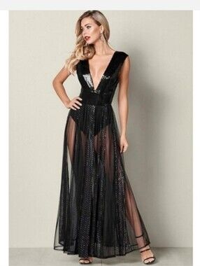 VENUS Black Sequin Plunging V Bodysuit Sexy Maxi Party Dress Size 8